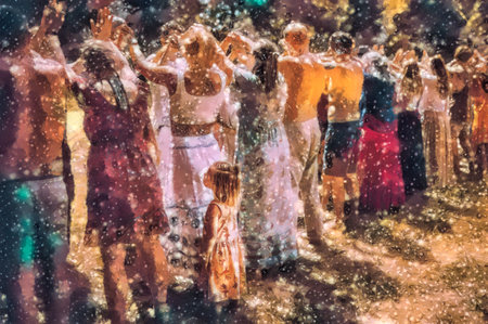 Circle of people on Ceremony. People holding hands at a ceremony. Painting effect.の写真素材