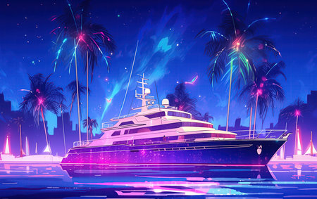 Yacht near the palm island at sunset, multicolor paintingの素材