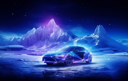 Beautiful modern car on the road through winter landscapeの素材