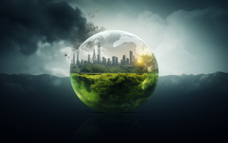 Environmental concept, factories isolated in glass spheres, clean air, no emissions.の素材