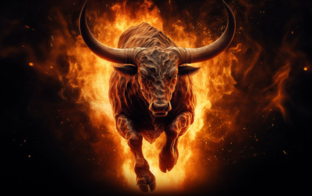 bull in flames, symbol of the bull market in cryptocurrenciesの素材