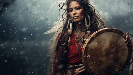 Shaman woman in winter landscapeの素材