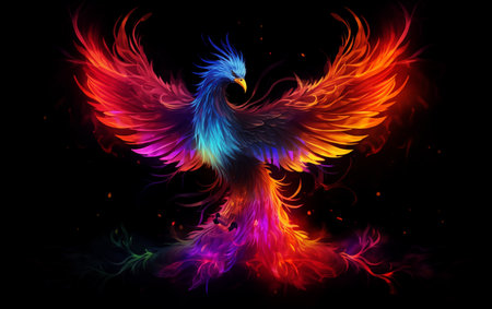 Flying phoenix bird as symbol of rebirth and new beginningの素材