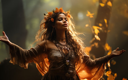 dancing shaman woman in beautiful ornamental dress, morning mist in forestの素材