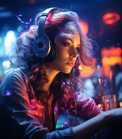 dj in concert, magical club atmosphere full of colors, ethernal lightの素材