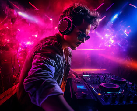dj in concert in a flood of laser and strobe lights and in a light smoky haze, a magical club atmosphere full of colors, ethernal lightの素材