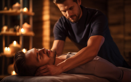 Beautiful man on the massage table with the masseuse's hands on the backの素材