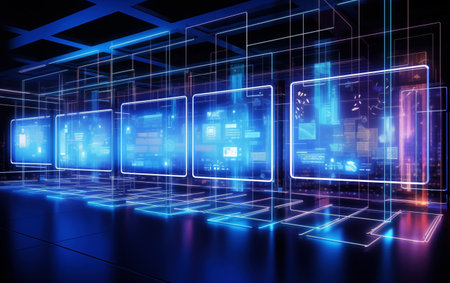 Data center control room, view of computers and graphsの素材