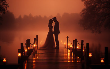 Married couple on a pier at nightの素材