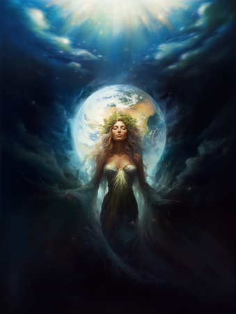 Cosmic goddess in space and in the background is planet earthの素材