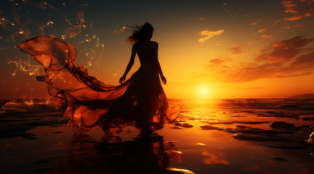 Silhouette of a beautiful woman on the beach in a long dressの素材