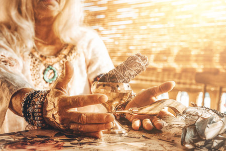 meditating woman in ceremony space.の写真素材