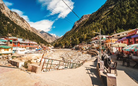 The temple town of Gangotri in the Indian Himalayas near the source of the sacred Ganges River.の写真素材