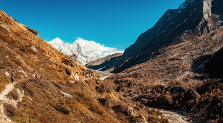 mountain road to the sources of ganga beautiful himalayan valley.の写真素材