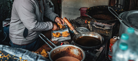 indian man cooking traditional foodの写真素材