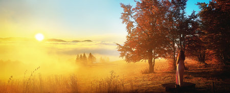 A serene and beautiful sunrise shining over a misty autumn landscape, woman looking at the landscapeの写真素材