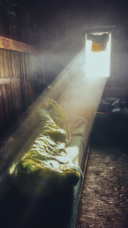 Mysterious light streaming through an old window in a mountain hut at sunrise, the light shines on a woman in a green sleeping bag, the scene is shrouded in smoke from incense.の写真素材