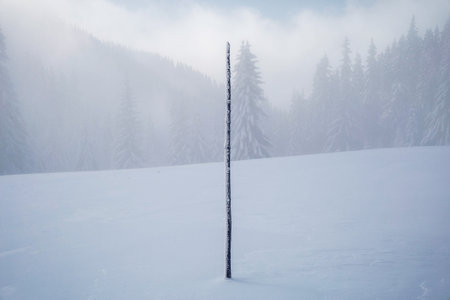 A lonely snowcovered pole stands in the midst of a foggy and mysterious winter landscape. Signpost in the mountainsの写真素材