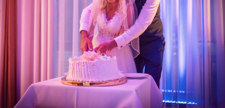 Cutting the cake at the wedding reception. Newlyweds slicing cake under soft lighting, Intimate...