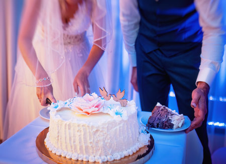 Cutting the cake at the wedding reception. Newlyweds slicing cake under soft lighting, Intimate wedding scene with couple cutting decorated cake.の写真素材