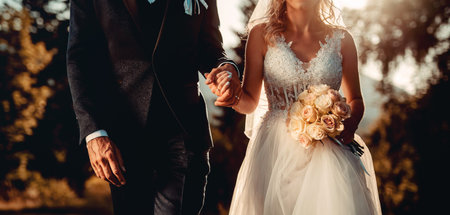 Groom and bride holding a beautiful floral bouquet in beautiful summer nature