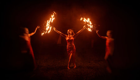 An enchanting fire dancer beautifully showcases her talent with mesmerizing flames during a...