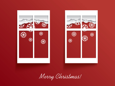 Christmas card illustration design with two windows and snow behind them with space for textのイラスト素材