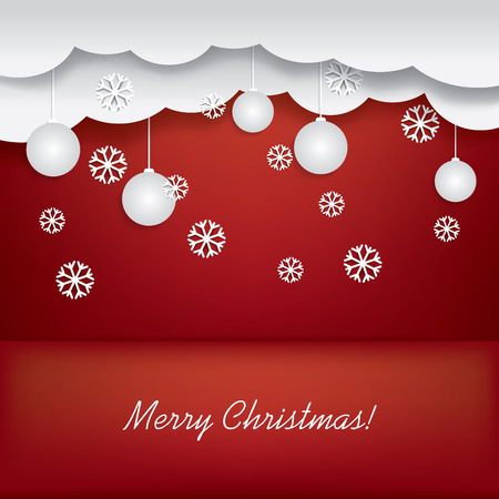 Christmas card vector illustration with christmas decorations hanging from clouds in 3d spaceのイラスト素材