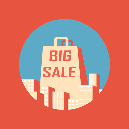 Big sale vintage poster with shopping bag between buildings in trendy vintage flat design. Eps10 vector illustrationのイラスト素材