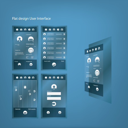 Flat design graphic user interface for smartphone with different screens and menu options and icons.のイラスト素材