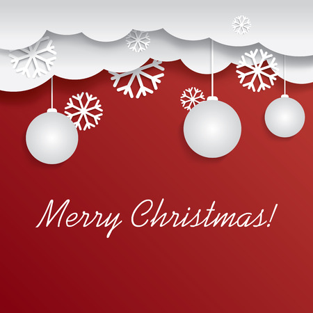 Christmas card illustration design with christmas decorations hanging from clouds on red background with space for textのイラスト素材