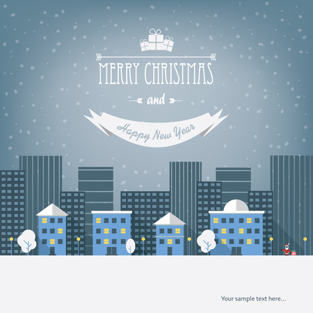 Christmas cityscape card design with small houses.のイラスト素材