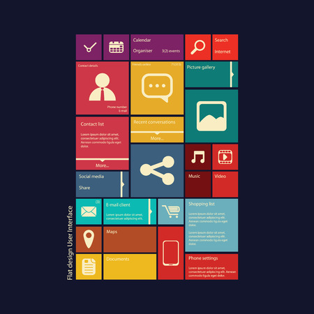 Graphic user interface vector illustration with various icons in modern flat design suitable for web design, tablet, smartphone user interface, etc.のイラスト素材