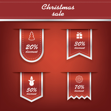 Set of elegant Christmas vertical ribbon tags with winter discounts and sales symbols. のイラスト素材