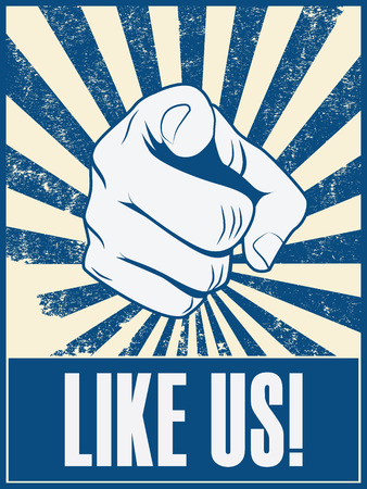 Motivational poster design with hand pointing at you or the viewer with like us text and exclamation mark. Eps10 vector illustrationのイラスト素材