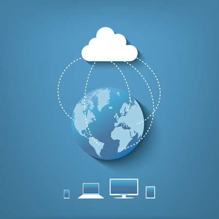 Cloud computing technology with devices all over the globe. Eps10 vector illustration.のイラスト素材