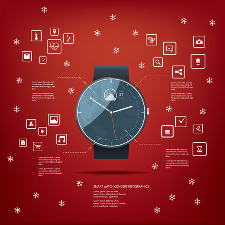 Realistic smart watch concept design with computer icons for applications on red background. Eps10 vector illustration.のイラスト素材