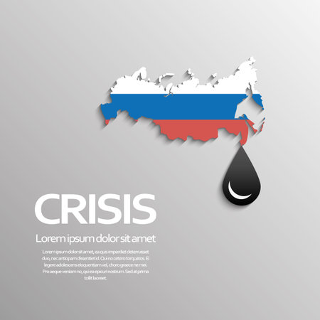 Oil price fall concept illustration with black drop symbol and map of russia in russian flag colors.のイラスト素材