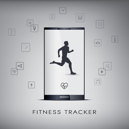 Smartphone icons for monitoring health and fitness with a running or jogging silhouette.のイラスト素材
