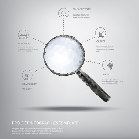 Magnifying glass symbol in modern low polygonal shapes and infographics template with space for text.のイラスト素材