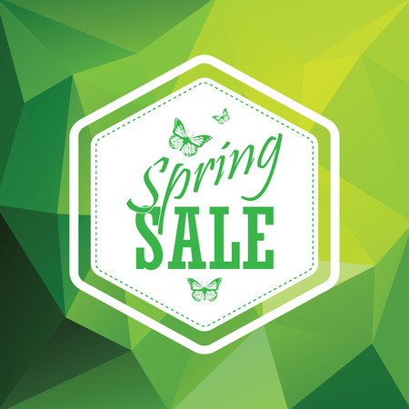 Green spring sale low polygonal background with vintage hexagonal badge. Creative typography and butterflies.のイラスト素材