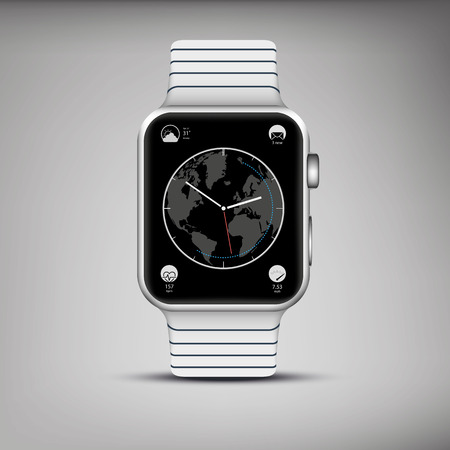 Elegant silver smart watch with steel band and apps on interface. Analog clockのイラスト素材