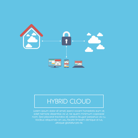 Hybrid cloud computing concept infographics template with icons. Private and public servers.のイラスト素材
