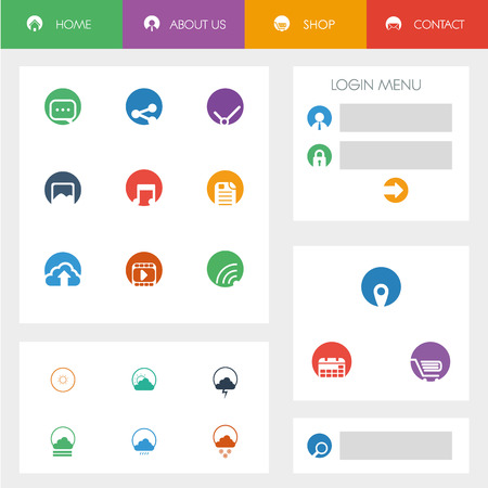 Set of flat design icons in colorful bars for graphic user interface on websites, applications, infographic. Smartphone gui template with menu options, login and weatherのイラスト素材