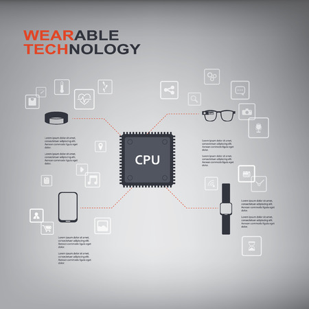 Wearable technology infographics with smart devices, icons and CPU chip.のイラスト素材
