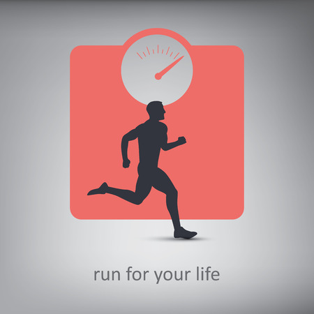 Running or jogging concept illustration with silhouette of a person with healthy lifestyle symbol in background. Weight loss.のイラスト素材