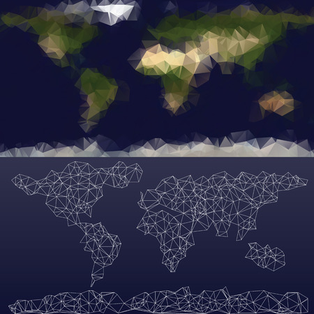 Low polygonal geometric world map in natural colors. Composed of triangles, editable vector.のイラスト素材