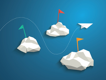 Paper plane and low polygonal clouds on blue sky. Infographics or business presentation template, background.のイラスト素材