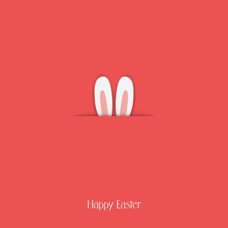 Adorable Happy Easter postcard template with bunny hiding and ears sticking out. Cartoon childish drawing isolated on background.のイラスト素材