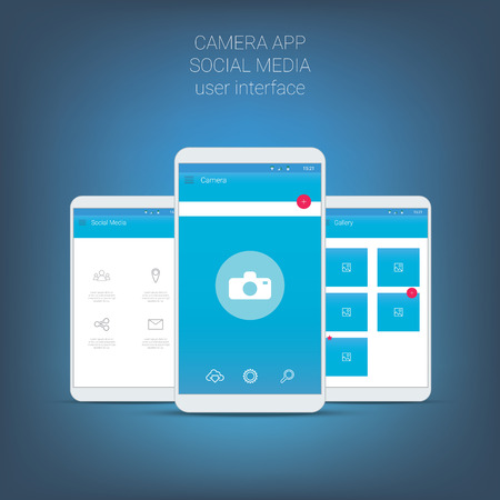 Flat design user interface for smart phone or mobile camera apps. Navigation menu with line icons and buttons. Gallery, social media screens.のイラスト素材